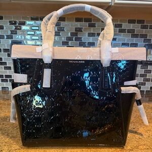 Michael Kors Voyager Women Black silver Metallic Logo Debossed large Tote NEW